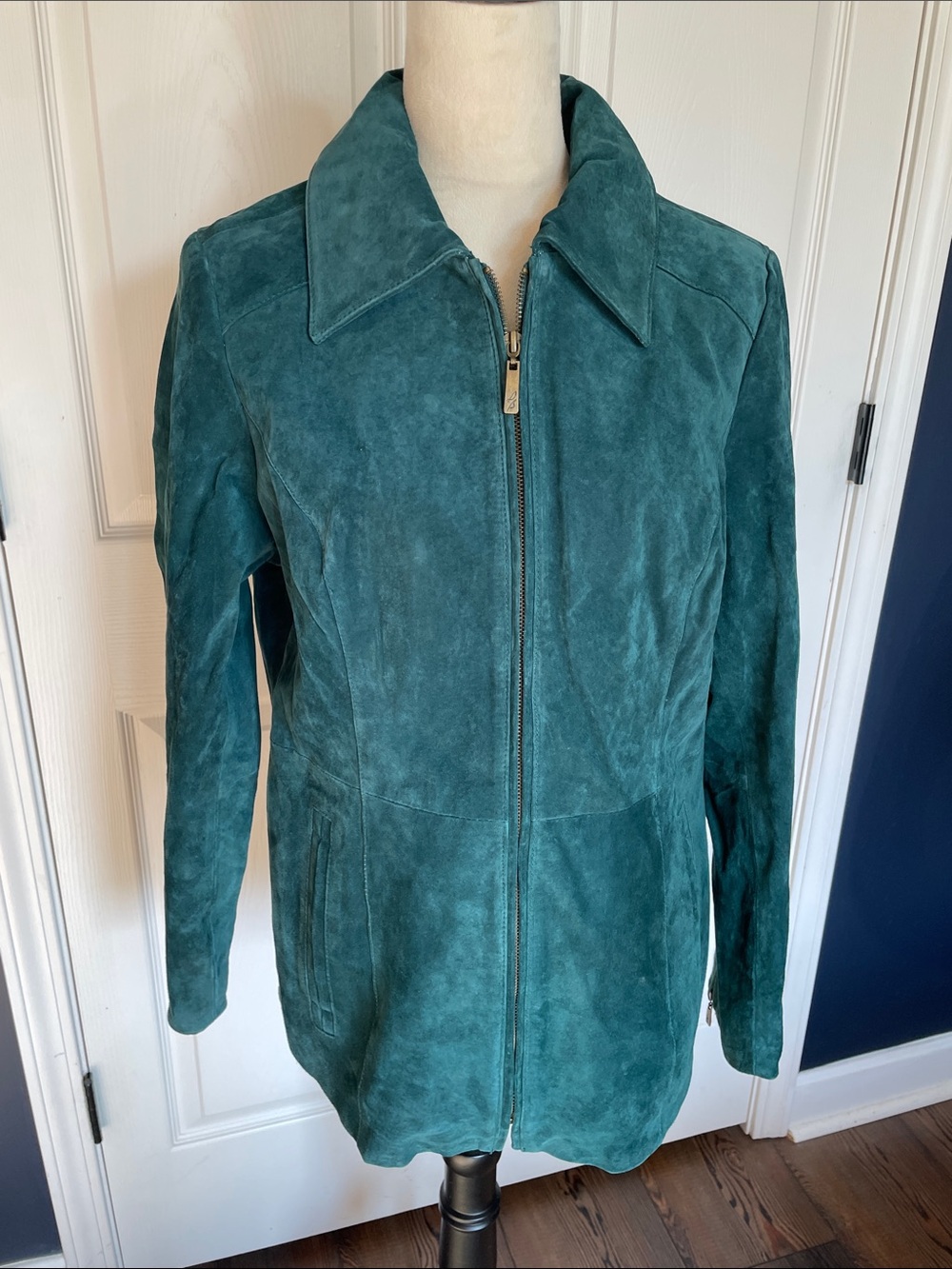 Vintage Dennis Basso Teal Green Suede Leather Jacket Zip Front Women's Size M